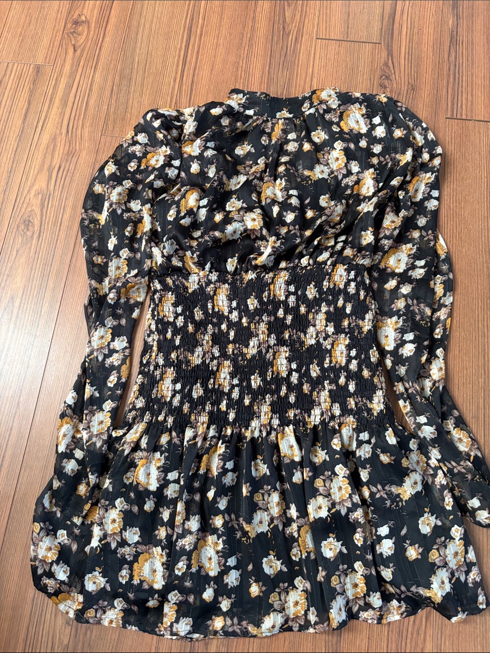 Black Floral Long Sleeve Smocked-Waist Dress